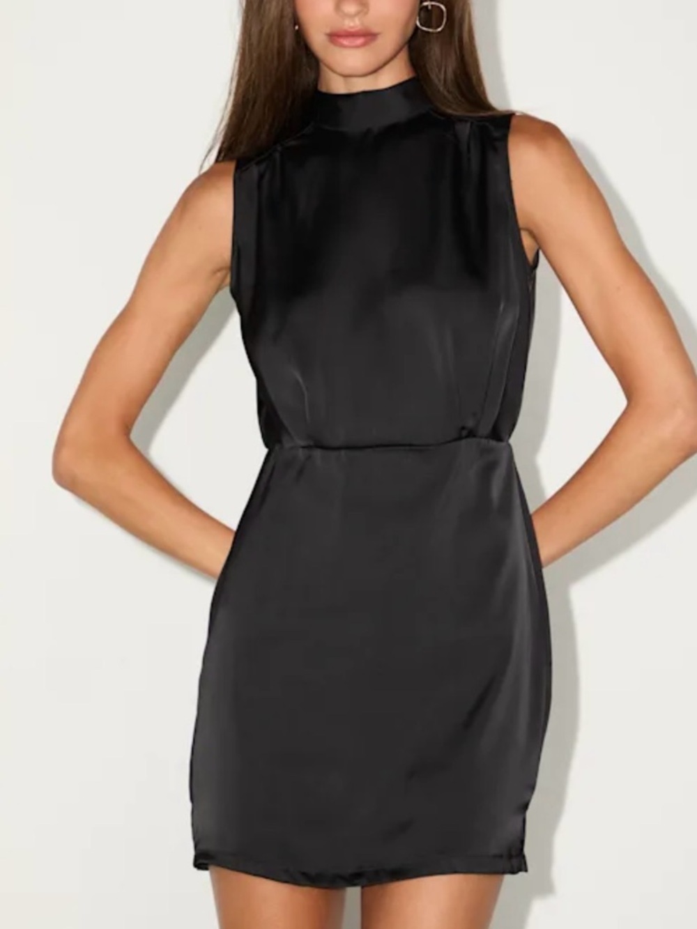 Lulus NWT “Classic Elegance” Black Satin Sleeveless Mock Neck Mini Dress Size XL